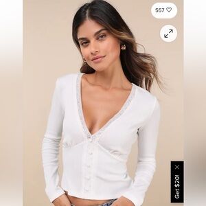 Lulu's White Knit Lace Button-Front Top